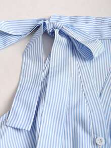 Blusa de mujer de nueva llegada sin mangas con lazo en la cintura y rayas ajustada - Azul - Ver 3