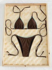 Bikini de 2 piezas de unicolor con escote halter y lazos, sexy y elegante para playa, vacaciones, viajes y fiestas. Nuevo para primavera/verano - Brown Lake Blue Bud - Ver 2