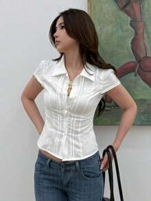 Blusa blanca de manga corta ajustada con cuello para mujer - Blanco 5 - Ver 5