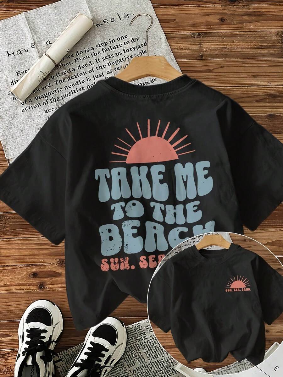 [Front And Back Images] Women's Short Sleeve Crew Neck T-Shirt - "Take Me To The Beach" Sun Print, Casual White Summer Blouse, Machine Washable For All-Season Comfort, Loose Fit Beach T-Shirt, Fun Print T-Shirt - 黑色 - 查看 1