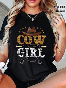 Talla grande, camiseta de mujer de talla grande con estampado gráfico de vaca, manga corta y cuello redondo, top casual para verano y primavera, ropa de mujer - Negro - Ver 1