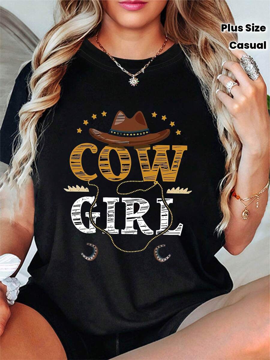 Talla grande, camiseta de mujer de talla grande con estampado gráfico de vaca, manga corta y cuello redondo, top casual para verano y primavera, ropa de mujer - Negro - Ver 1