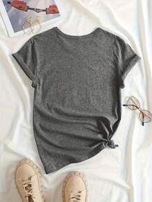 Camiseta de Manga Corta con Diseño de Bola de Arroz de Dibujos Animados para Mujer - Gris Oscuro - Ver 2