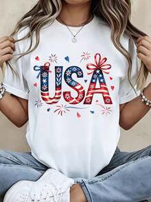 1 Piece Of Women's Round Neck T-Shirt With Patriotic US Flag Design, With Stars And Stripes, Decorative Bow, Short Sleeve, For Independence Day Celebration, 180g, 100% Cotton. - 白色 - 查看 7