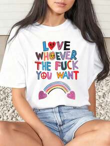1 Piece Women's T-Shirt With Rainbow Heart Graphic Print "Love Who You Want" For Pride Month, Everyday Wear, Crew Neck, Short Sleeve, Soft And Comfortable, 220g/180g, 100% Cotton - 白色 - 查看 6
