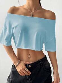 Top corto asimétrico de mujer con cuello blanco y flecos, camiseta de manga corta de moda versátil Y2K oversize y sexy, para primavera/verano - Azul - Ver 4
