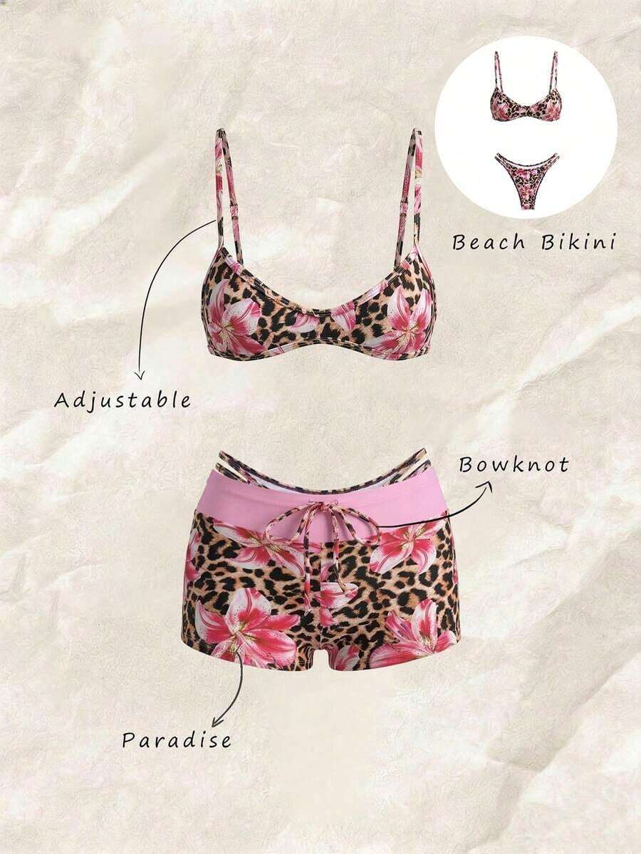 Set de 2 piezas Bikini de tirantes finos con estampado aleatorio para mujer, verano - Multicolor 11 - Ver 1