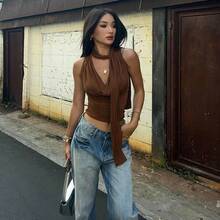 Camiseta sin mangas lisa para mujer, Top Sexy sin mangas con cuello en V para mujer, ropa de calle ajustada informal, ropa de punto elegante - Marrón - Ver 5
