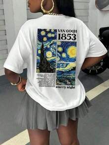 Women's Casual T-Shirt With A Print Paying Tribute To Van Gogh's "The Starry Night" Painting And The Numerical Graphic 1853, Comfortable Short-Sleeved And Round Neck For Spring/Summer, Fashionable Graphic T-Shirt For Holidays In White - 白色的 - 查看 2