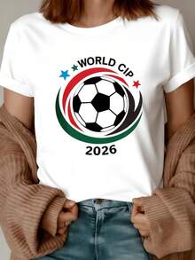 A Ball Symbol Surrounded By Curved Shapes In Vibrant Colors Evokes The Global Passion For Football And The Energy Of Competition. 2026 Women's Comfortable Casual Modern T-Shirt For Sports Fans - 白色 - 查看 1