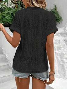 Camiseta suelta de mujer de manga de murciélago con escote en pico, de tela texturizada de unicolor, para verano y vacaciones - Negro - Ver 2