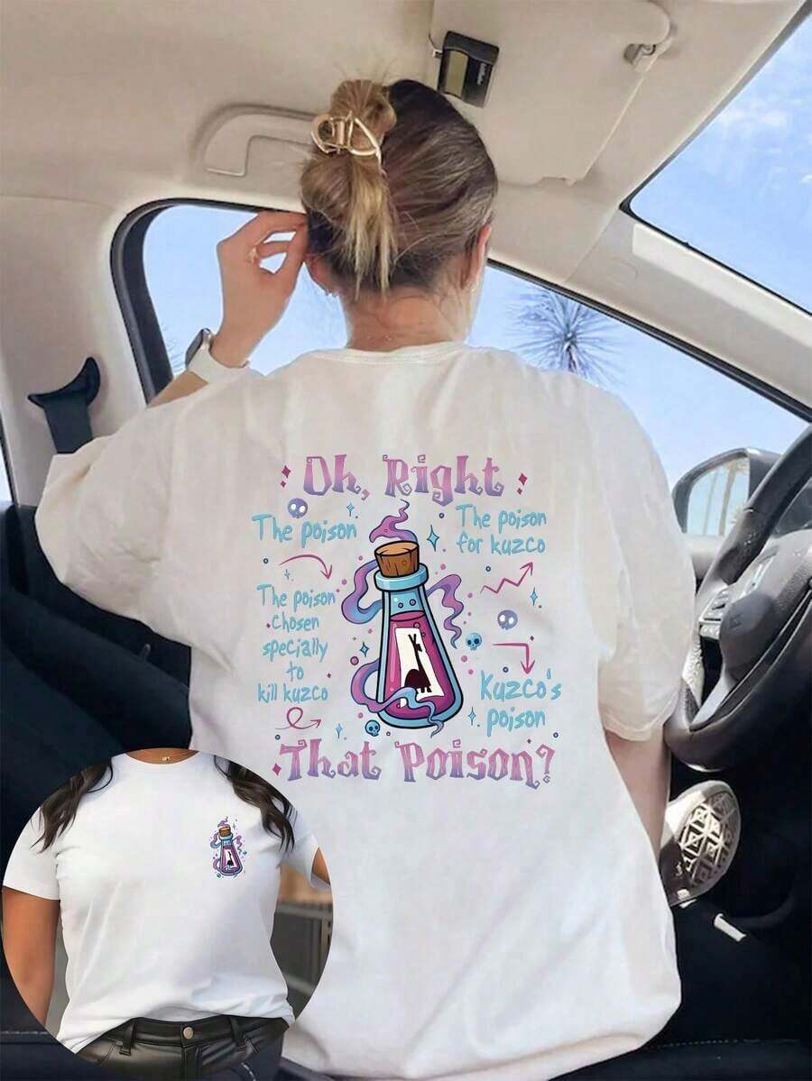 Loose-Fitting Short-Sleeved T-Shirt With A Round Neck, Featuring A "Oh Yes!" "Is That Poison?" Print And A Bottle. Suitable For Everyday Wear, Outings, Holidays, Valentine's Day, Gardening, And Work. Plus Size Available. Spring/Summer/Autumn. Black. - 白色的 - 查看 1