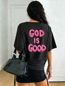 Mexican Basic Casual Short Sleeve Crew Neck T-Shirt With "God Is Good" Graphic Print, Comfortable Plus Size Crew Neck T-Shirt For Women, Spring And Summer, Black, New Launch - 黑色 - 查看 2