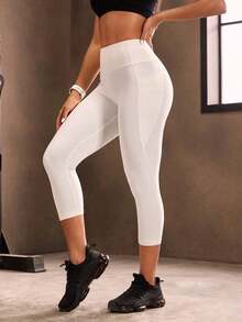 Mallas deportivas de cintura ancha con bolsillo para teléfono, pantalones de yoga para mujer - Blanco - Ver 5