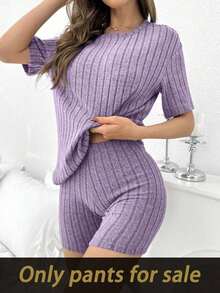 Pantalones cortos de estar en casa de mujer de unicolor acanalado y ajustado, pantalón de estar en casa negro - Morado - Ver 5