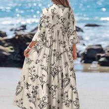 Casual Floral Pattern V-Neck Long Sleeve Pleated Dress For Women, Suitable For Autumn Blue And White Floral Dress Chic Dress,Vacation - Beis - Ver 3