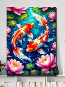 池塘鲤鱼莲花锦鲤DIY钻石画套装 - 钻石艺术马赛克工艺品，温馨治愈的艺术设计，沉浸式手工减压，家居装饰艺术DIY工艺爱好者的节日惊喜礼物 - 圓鑽 - 查看 2