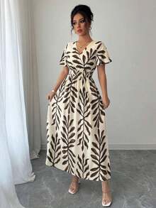 Vestido con mangas abullonadas, cintura anudable y bajo ajustable con abertura, hecho de gasa francesa, elegante, apropiado para vacaciones, fiestas de té de la tarde o playa - Marrón - Ver 6