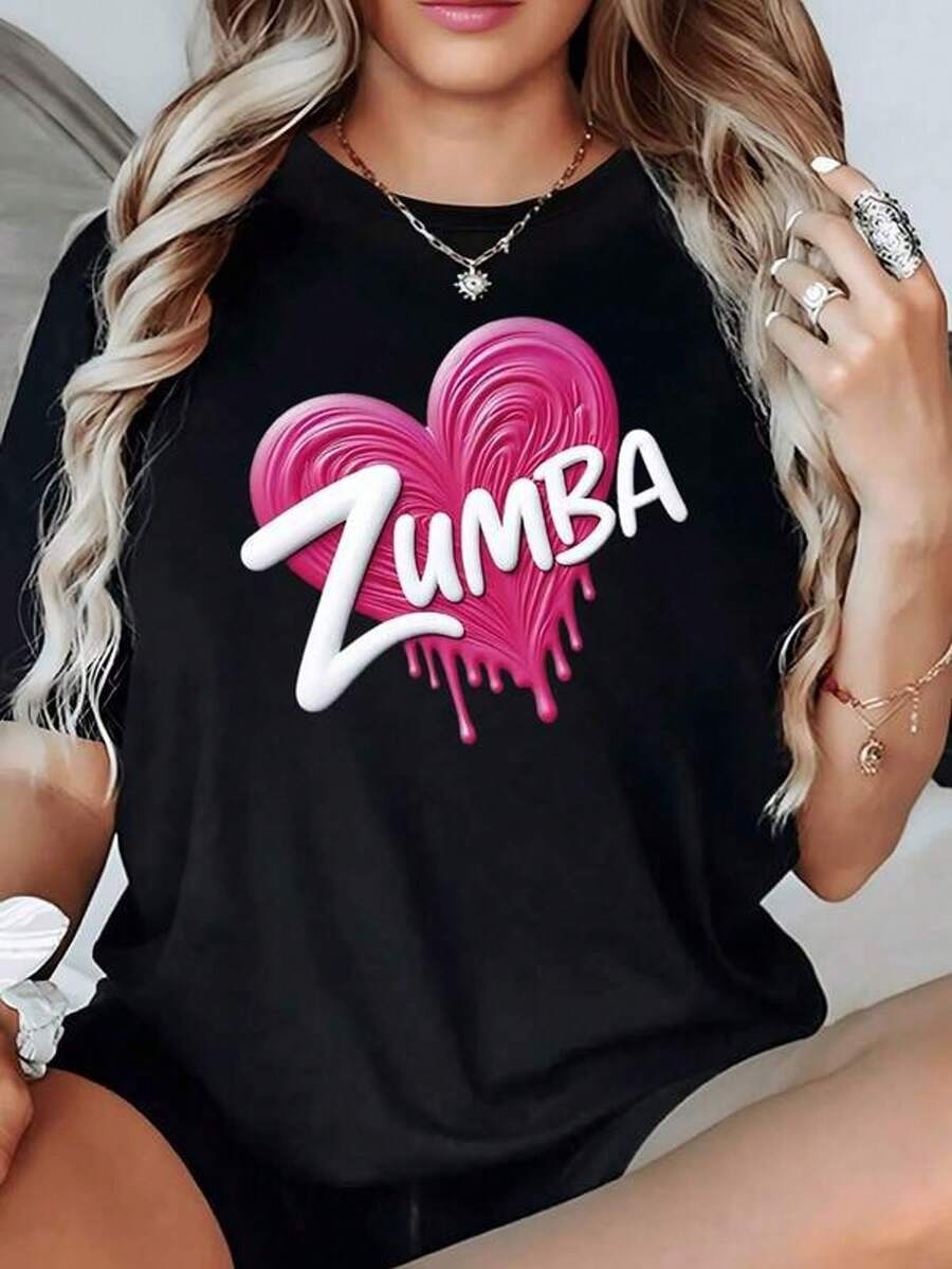 Vibrant Pink Heart With A Melted Paint Effect That Conveys Energy, Passion, And Movement-Perfect For Rhythm Lovers. Women's T-Shirt, 100% Cotton, 220g - 黑色 - 查看 1