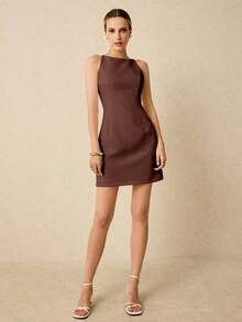 mini elegante sin mangas de unicolor, estilo de oficina - Marrón Mocha - Ver 7
