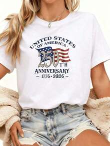 Graphic2026 NUEVO - Camiseta Conmemorativa del 250º Aniversario con la Bandera Americana, Cuello Redondo, Tela Suave y Cómoda, Camiseta Casual Unisex para el Día de la Independencia Americana, Shorts de Mezclilla Azul Claro a Juego, Camisetas Gráficas para Mujer, Blusas Bonitas de Mujer, Conjuntos de Verano para Mujer, Top de Verano con Cuello Redondo - Blanco - Ver 6