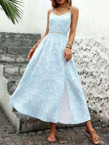 Vestido de verano ligero con estampado, tirantes de espagueti, parche en la cintura, encaje calado y abertura lateral elegante para fiesta y vacaciones - Multicolor 2 - Ver 3