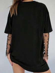 Women's Plus Size Loose Fit Casual T-Shirt With Skull And Slogan Print, Urban Style For Summer - Black - View 2