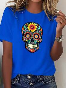 ComfortableCamiseta ligera para mujer con diseño de calavera mexicana - 100% estilo Día de Muertos, con estampados florales y de sombreros brillantes y coloridos, cuello redondo informal, manga corta, adecuada para fiestas temáticas y uso diario, lavable a máquina, patrón geométrico, cómoda para todas las estaciones, corte holgado, elementos de calavera y flores, tela suave y transpirable, opción popular con estilo cultural mexicano 100% algodón. Camiseta Holgada y Versátil de Manga Corta para Mujer - Blanco - Ver 7