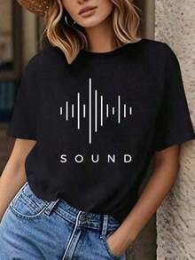 Camiseta Casual 100% Algodón, Diseño Minimalista con Ondas Sonoras y Vibraciones de Audio Modernas, Camiseta de Manga Corta con Cuello Redondo, Adecuada para Todas las Temporadas, Ropa de Mujer 100% Algodón, Resistente - Negro - Ver 7