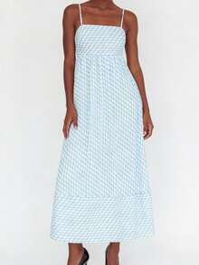 Womens Spaghetti Strap Maxi Dresses Smocked  Summer Spring Casual Boho Beach Long Sundresses - Sky Blue - View 1