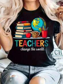 Women's Casual T-Shirt With Graphic Print "Teachers Change The World", Crew Neck, Short Sleeve, Comfortable Knit Fabric, Lightweight For All Seasons, Everyday Wear T-Shirt, Vibrant Print, Comfortable Fit - 黑色 - 查看 1