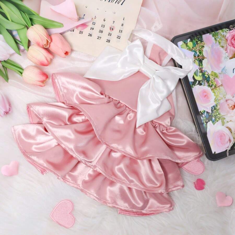 Pink Satin Bow Princess Dress Harness, Suitable For Cats & Dogs, Birthday Party, Photo Shoot, Spring/Summer/Autumn - Pink - View 1