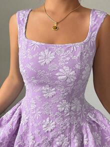 Vestido mini azul de mujer con cuello ancho, sin mangas, cintura recogida y textura de jacquard, elegante y romántico para graduación, baile de graduación, fiesta, festival de música, vacaciones - Púrpura malva - Ver 5
