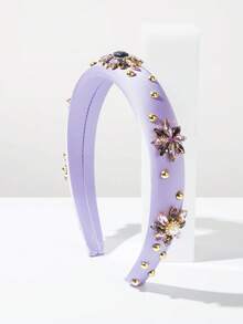 1pc Fashionable Solid Color Geometric Pattern Casual Rhinestone Flower Headband, Unique Creative Fresh Sweet Headpiece Suitable For Girls Daily Wear Hairband - Purple - View 1
