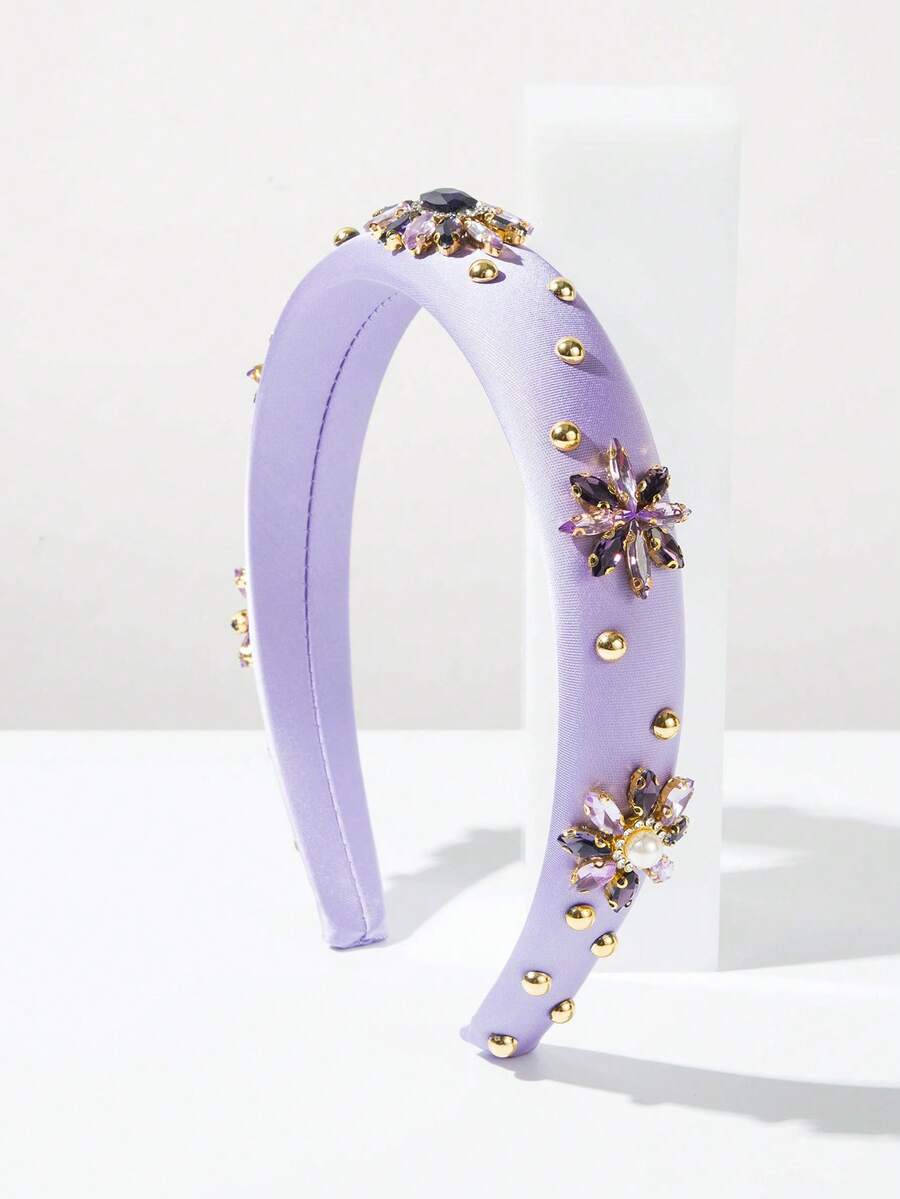 1pc Fashionable Solid Color Geometric Pattern Casual Rhinestone Flower Headband, Unique Creative Fresh Sweet Headpiece Suitable For Girls Daily Wear Hairband - Purple - View 1