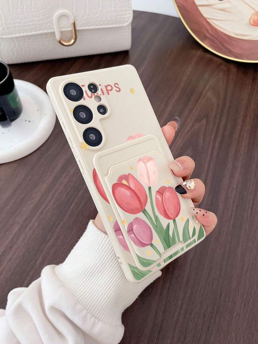 #Serie Android Pura# 1 pieza Funda de teléfono suave y protectora de TPU blanco con patrón de tulipán acuarela versátil y 1 pieza Funda de teléfono de cobertura completa creativa y personalizada de 2 en 1 con patrón de tulipán acuarela blanco y soporte adhesivo para tarjetas, adecuada como regalo para novia/novio, mejor amigo - Multicolor - Ver 1