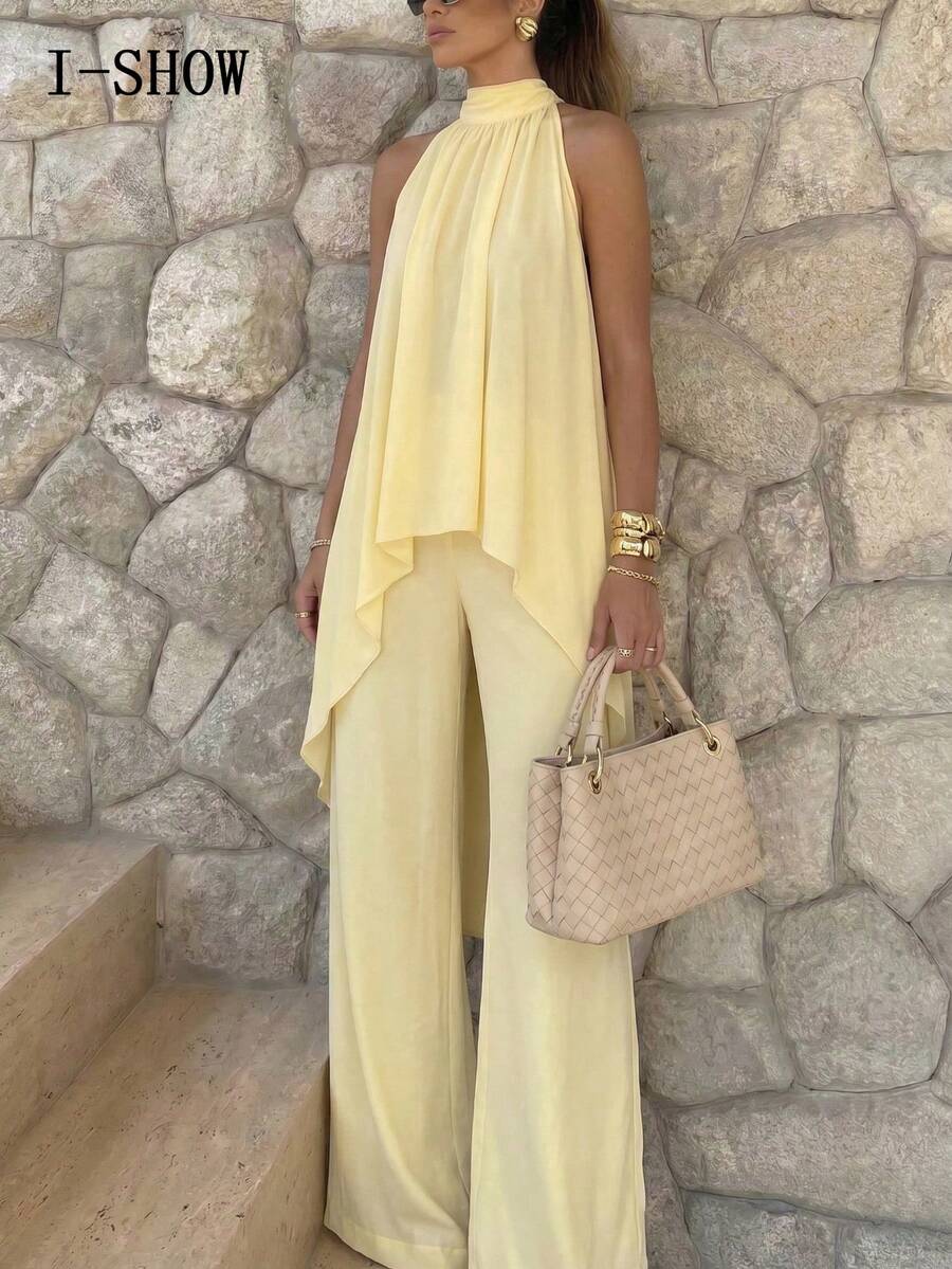 Elegante conjunto de 2 piezas para mujer con top asimétrico de cuello alto amarillo y pantalones de pierna ancha, atuendo de primavera y verano - Amarillo claro - Ver 1