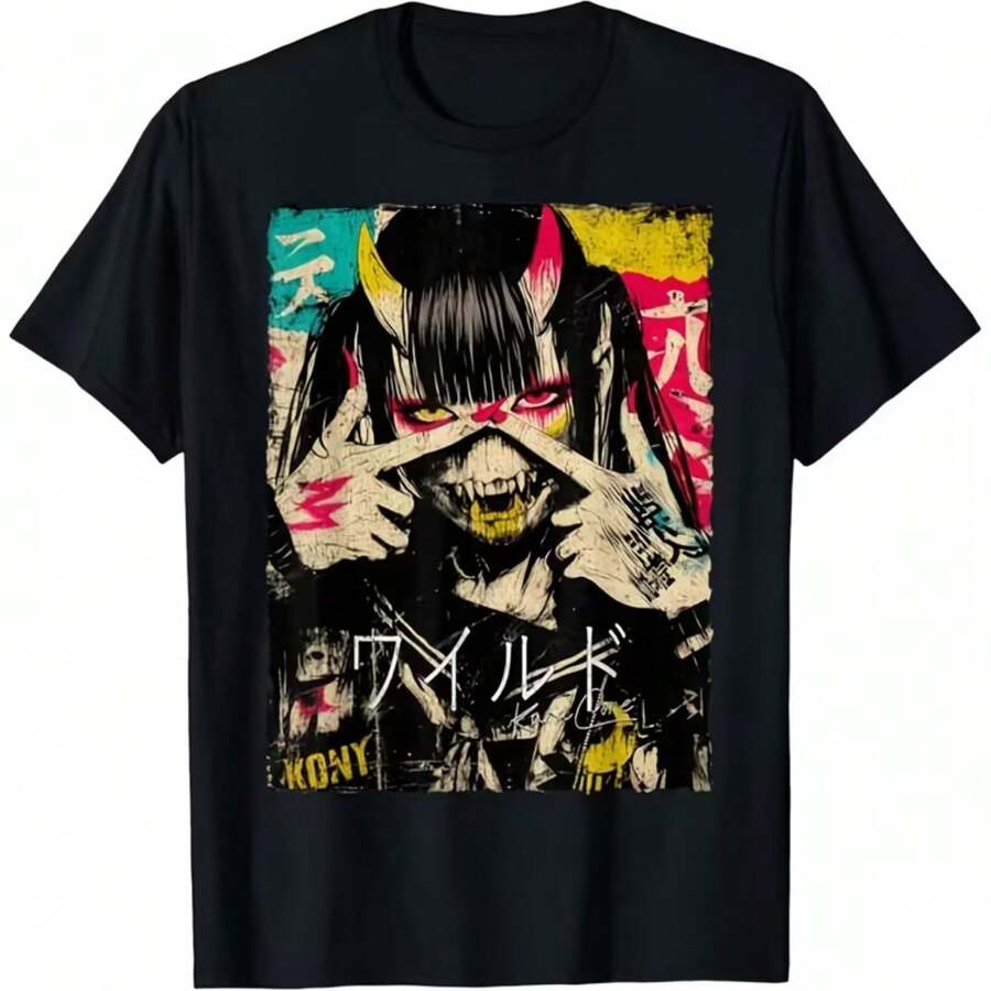 Camiseta estampada, tejida en algodón puro, con diseño de cuello redondo, estilo unisex, camisa creativa y moderna, ideal para primavera y otoño, holgada y cómoda para hombres y mujeres. - Negro - Ver 1