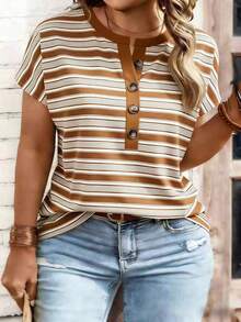 Camiseta de manga corta con cuello en V y estampado floral geométrico de color café oscuro, talla grande, para primavera/otoño - Multicolor - Ver 12