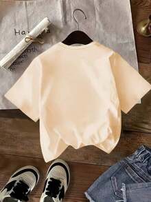 1 Men's And Women's Casual Fashion T-Shirt, Vintage Style, Short Sleeve, With "Shine All Day" Letter Print, Comfortable Polyester, Ideal For Daily And Outdoor Wear, Comfortable Fit. Versatile, Easy To Match, Suitable For Daily Wear, Urban Style, Vacation Wear, Weekend Wear. - 杏色 - 查看 2