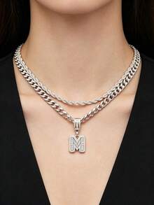 Bộ 2 món: 1 mặt dây chuyền chữ cái đính đá Cubic Zirconia & 2 dây chuyền thép không gỉ, 26 chữ cái tiếng Anh, Dây chuyền mặt dây chuyền phong cách hip hop cổ điển dành cho nữ, Thích hợp đeo hàng ngày hoặc dự tiệc, Quà tặng ngày Valentine - Bạc - Xem 1