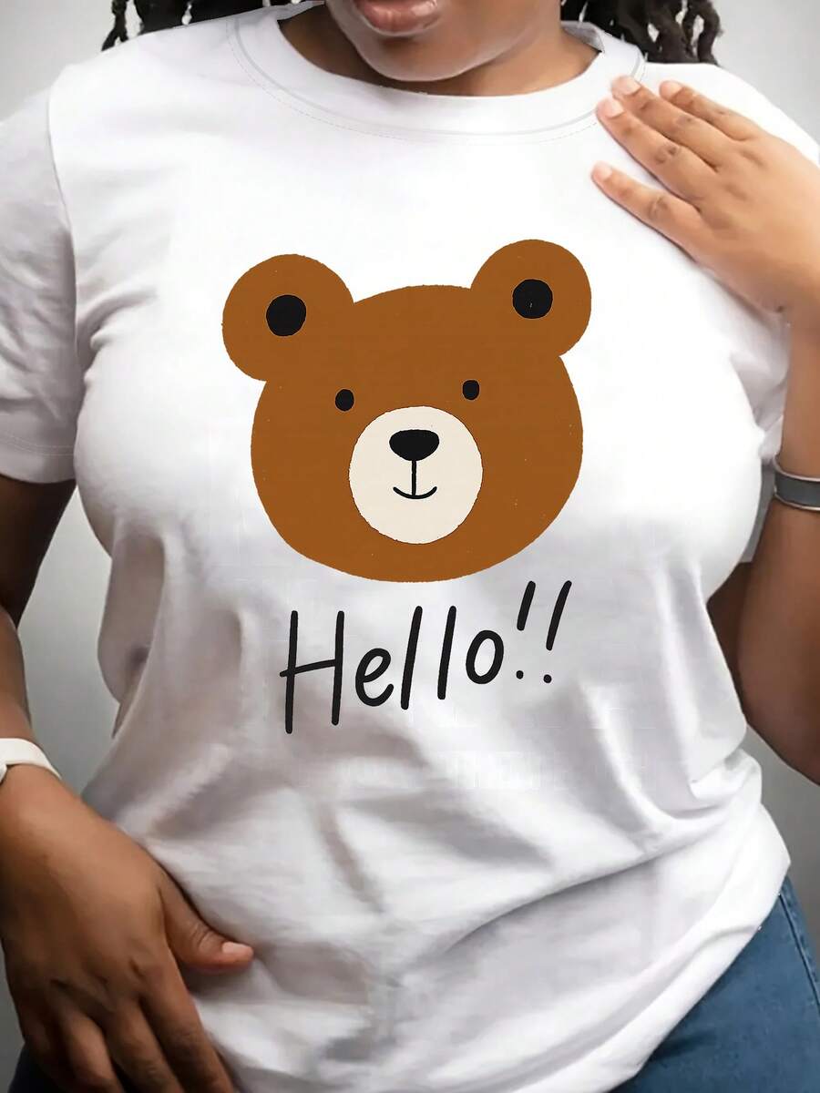 Camiseta divertida de manga corta para mujer con estampado de oso y la frase "¡Hola!", hecha de fibra de poliéster suave y transpirable, con elasticidad media, lavable a máquina, adecuada para uso diario y en casa, perfecta para la moda de verano. Camiseta casual de manga corta con cuello redondo y estampado, una prenda imprescindible para primavera y verano. - Blanco - Ver 1