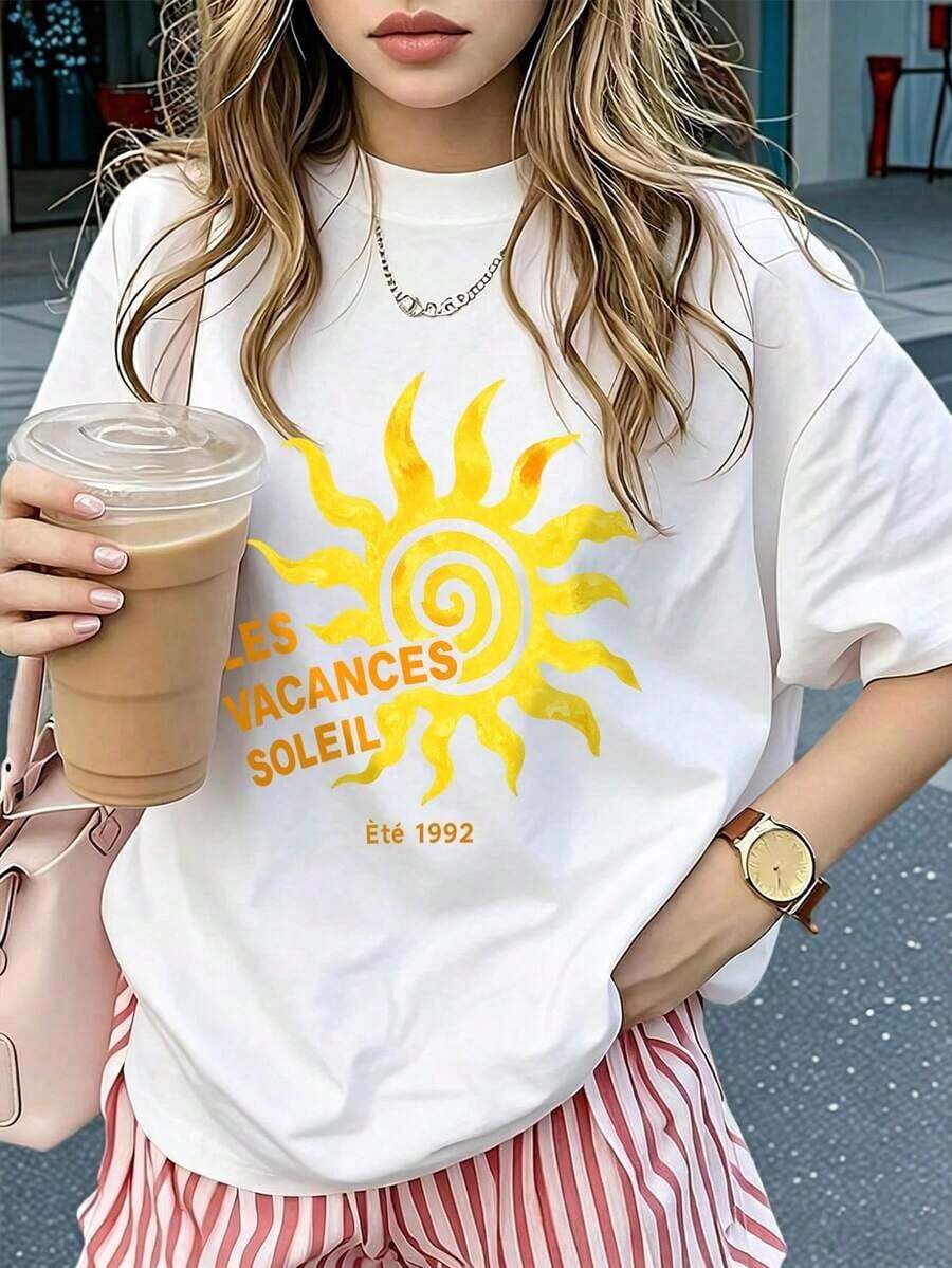 Women's Les Vacances Soleil 1992 Sunshine Pattern Casual Loose Round Neck White Short Sleeve T-Shirt, Beach Holiday Top SummerBreathable and comforte - Blanco - Ver 1