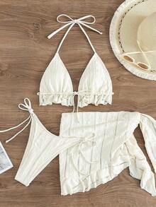 Conjunto de bikini de 3 piezas con tapa de falda, estilo de vacaciones en la playa, para mujer, con bikini halter sin espalda y encaje sexy - Beis 2 - Ver 7