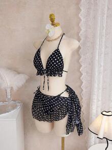 Conjunto de bikini de 3 piezas con tapa de falda, estilo de vacaciones en la playa, para mujer, con bikini halter sin espalda y encaje sexy - Blanco y Negro - Ver 7