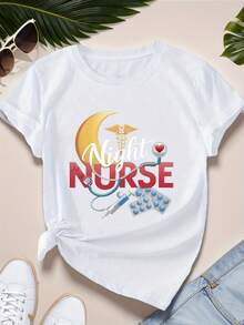 Women's Short Sleeve Sports T-Shirt, Size, Night Nurse Medical Design - 白色 - 查看 1