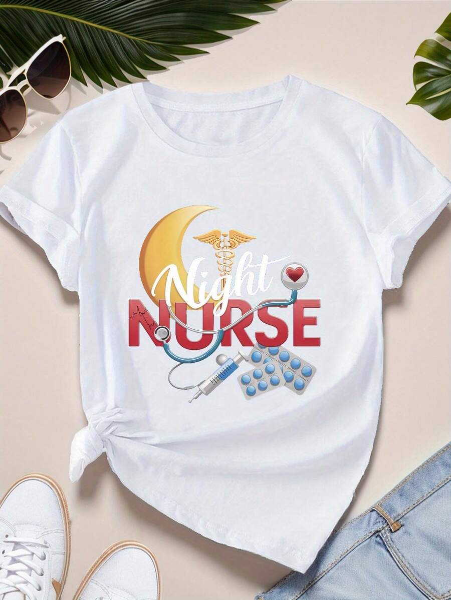 Women's Short Sleeve Sports T-Shirt, Size, Night Nurse Medical Design - 白色 - 查看 1