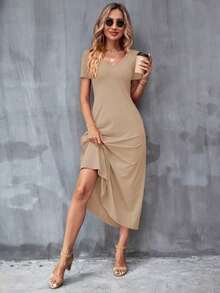 Vestido unicolor con bolsillo oculto escote V - Camel - Ver 3
