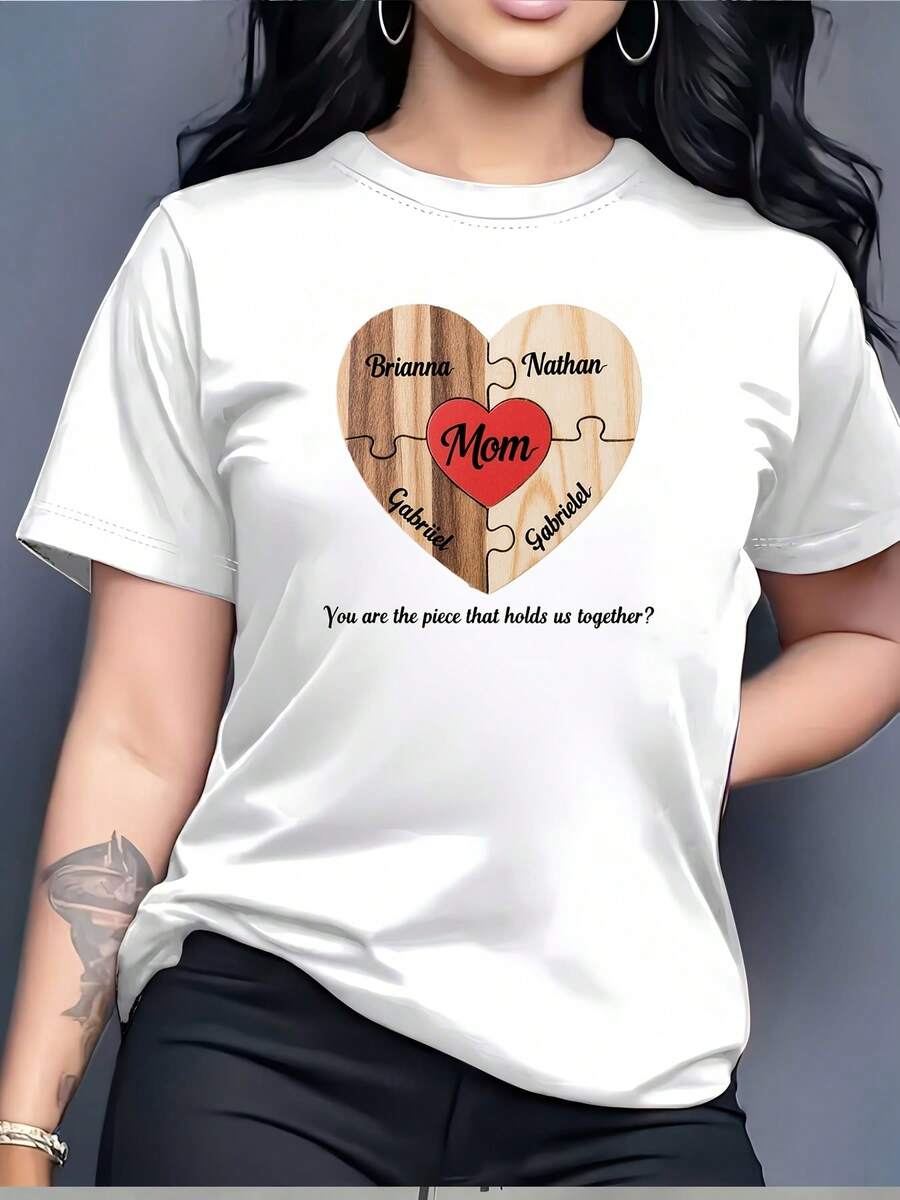 Mom Puzzle Heart T-Shirt 180G - Custom Personalization, Mother's Day Gift, Team Spirit T-Shirt For Family Gatherings And Office Parties, Soft, Perfect For Mom And Dad - Unisex Cotton T-Shirt, Short Sleeve, Crew Neck, Urban Vintage Style And Loose Fit - 白色 - 查看 1