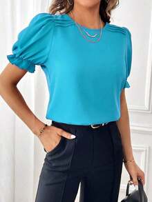 Blusa con mangas abullonadas, blusas de manga corta - Azul - Ver 6